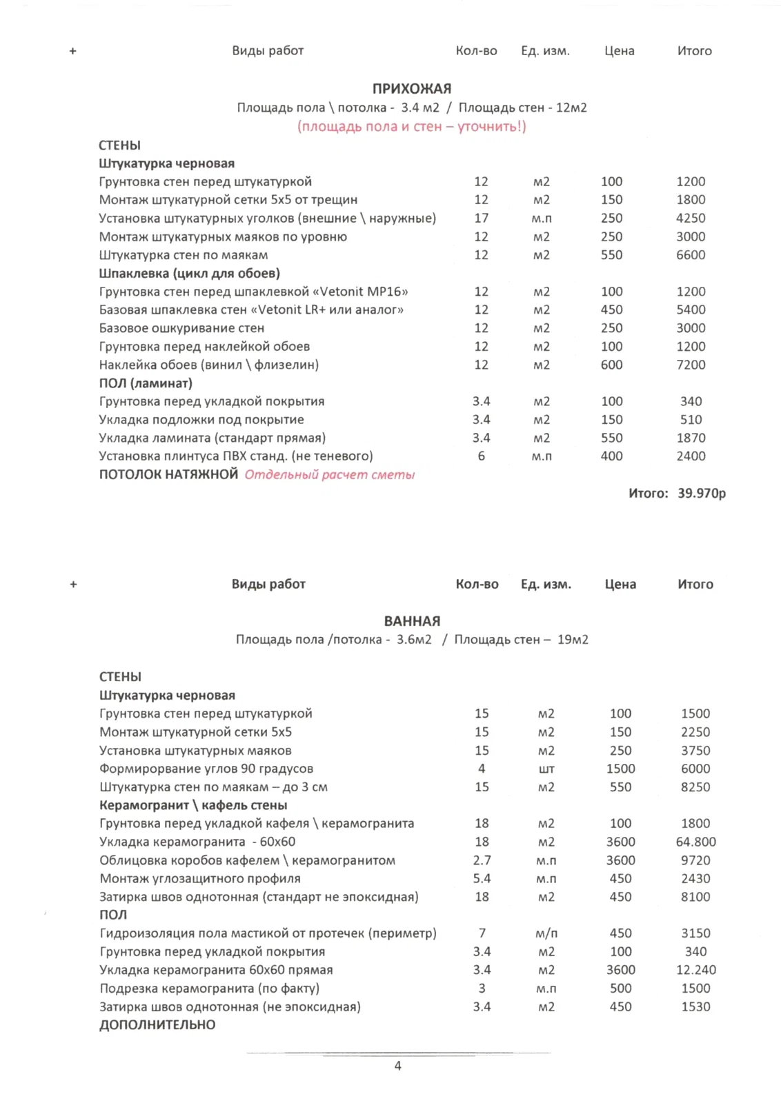 Смета 2х комнатная квартира 4